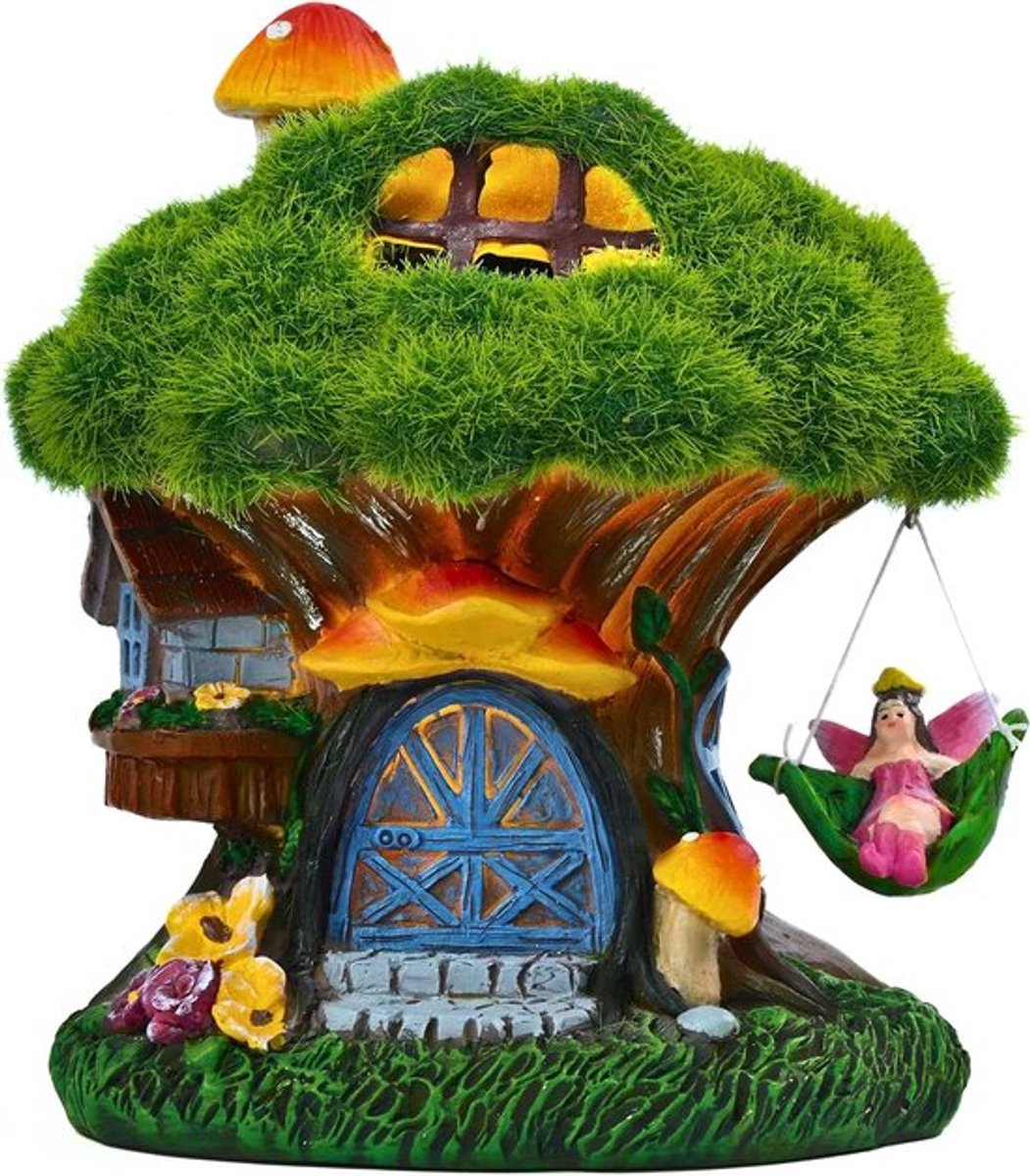 Solar tree house ornament with swinging fairy