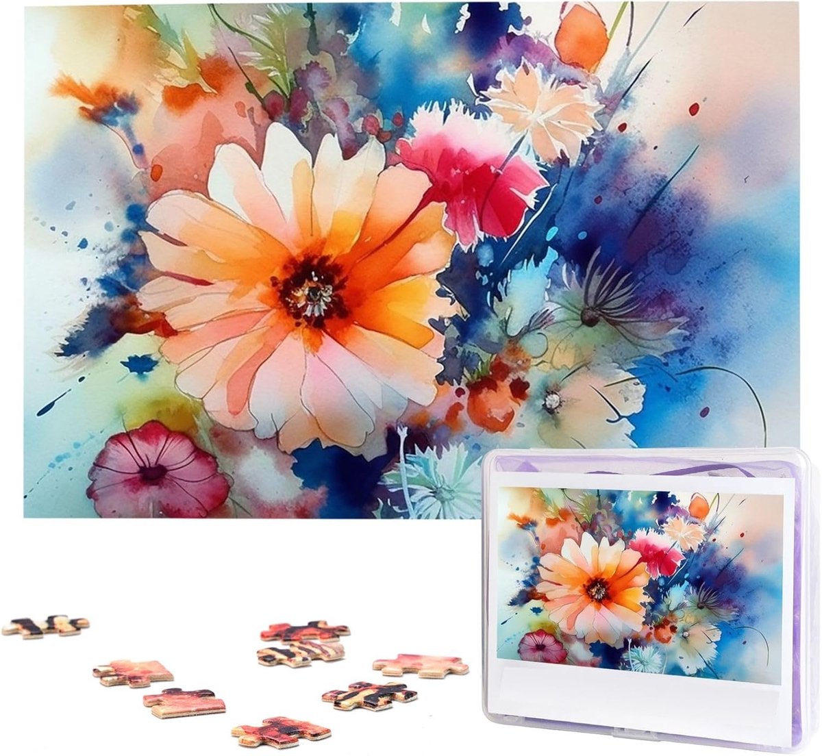 Houten Puzzel - Foto Puzzel - Ontspanning Thuis - Gepersonaliseerd Ontwerp - 1000 Stukjes - Aquarel Bloemen
