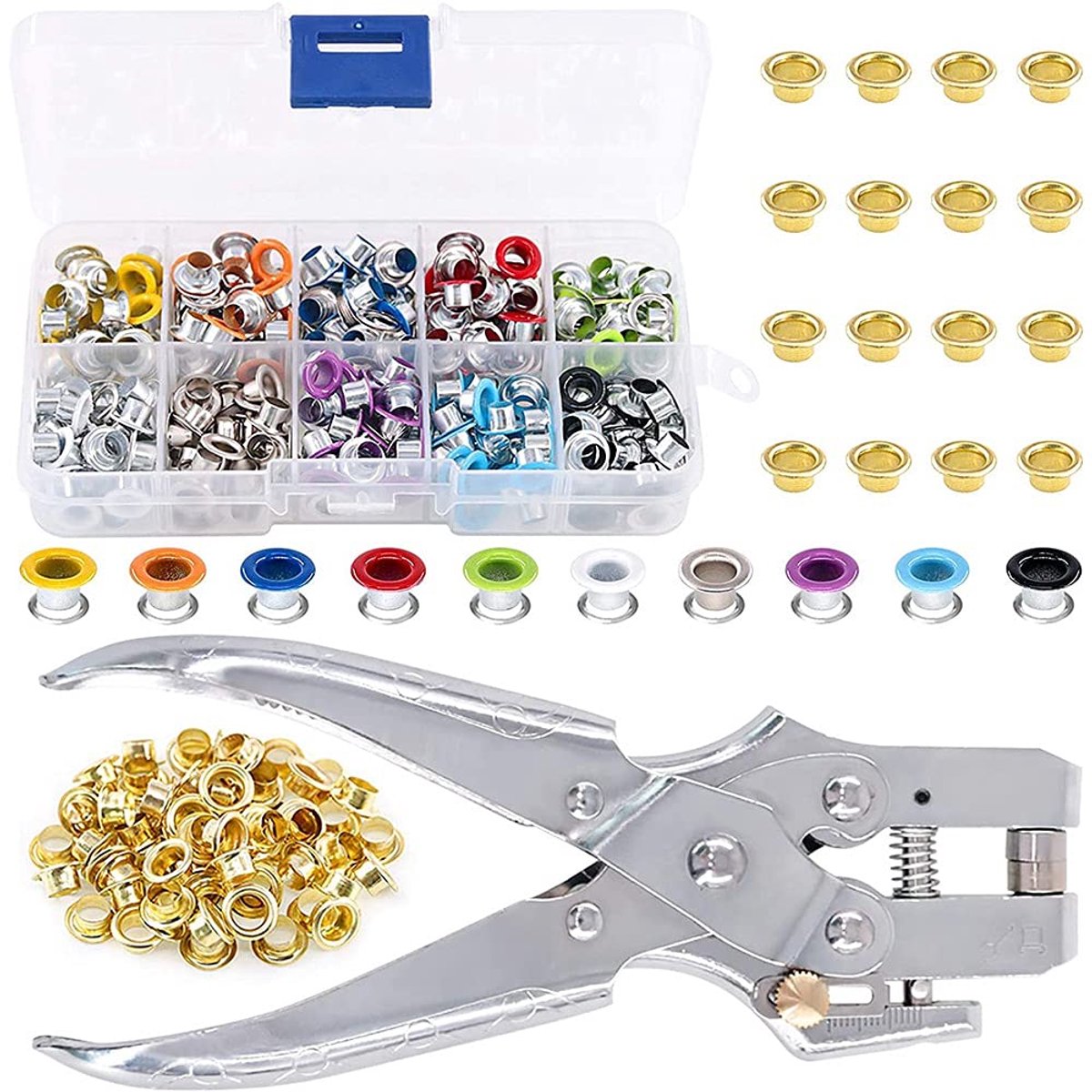 Gatpons Set - Metalen Oogjes - Kleding Reparatie - Ergonomische Tang - 400 Stuks - Diverse Kleuren