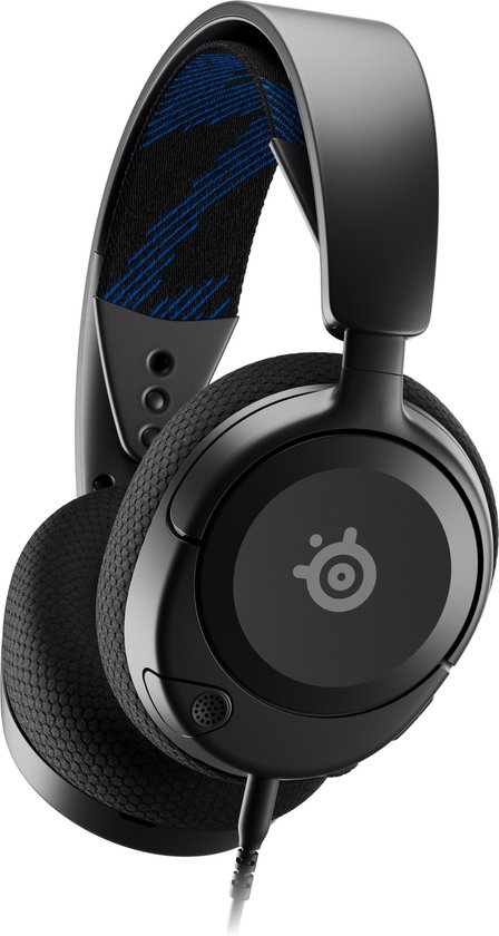 Zwarte gaming headset op een witte achtergrond, met een gedetailleerde kijk op de hoofdband en oorschelpen.