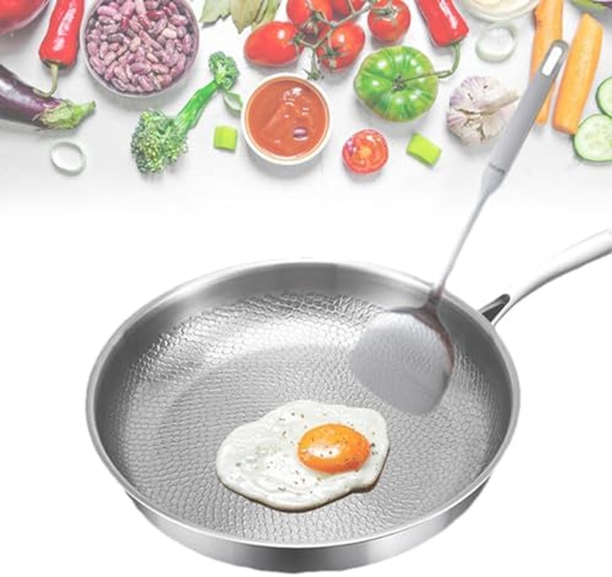 Antiaanbakpan met deksel Koekenpan RVS Gezond Koken Gehamerd Titanium 26 cm Zwart