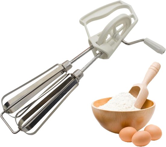 Handzwengel Mixer - Eierklopper Garde - Bakken en Koken - Twee Ronde Mengkoppen - 25x6.7cm - Wit — afbeelding 5