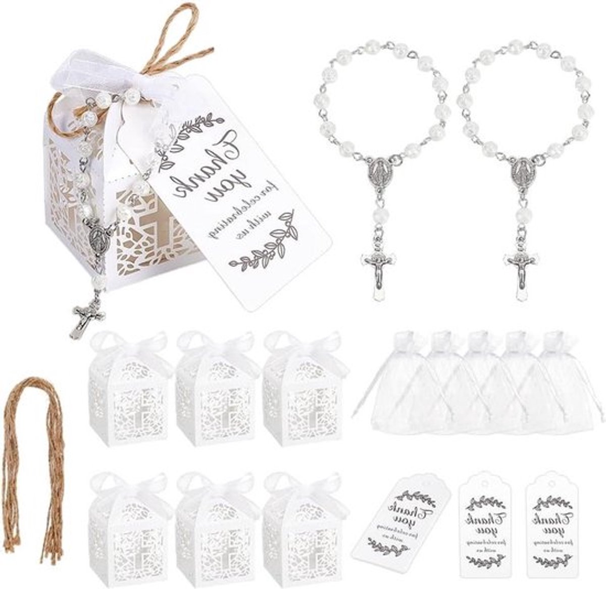 Doopgunsten Set - Kruis - Rozenkrans Kralen - Kunstparels - Armbanden - Organza Zakken - Lege Papieren Dozen - Dank U Kraft-tags - Doopgunsten - Communie Geschenken - Feest - Geschikt voor - PH 120 stuks