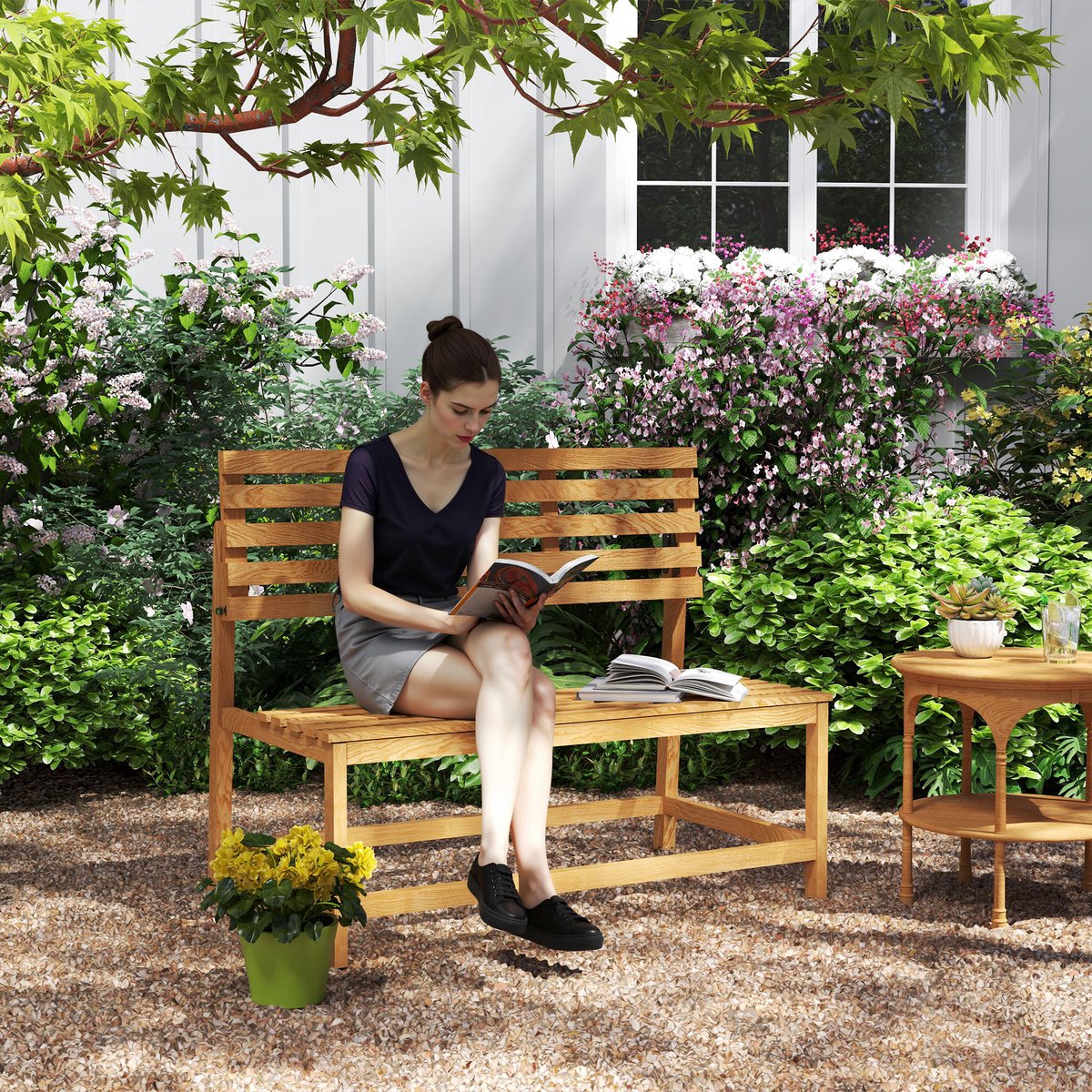 MIVRAY Tuinbank 110 x 61 x 89 cm - Omvormbaar Tot Picknicktafel - Voor Tuin En Terras - Grenenhout - Teak