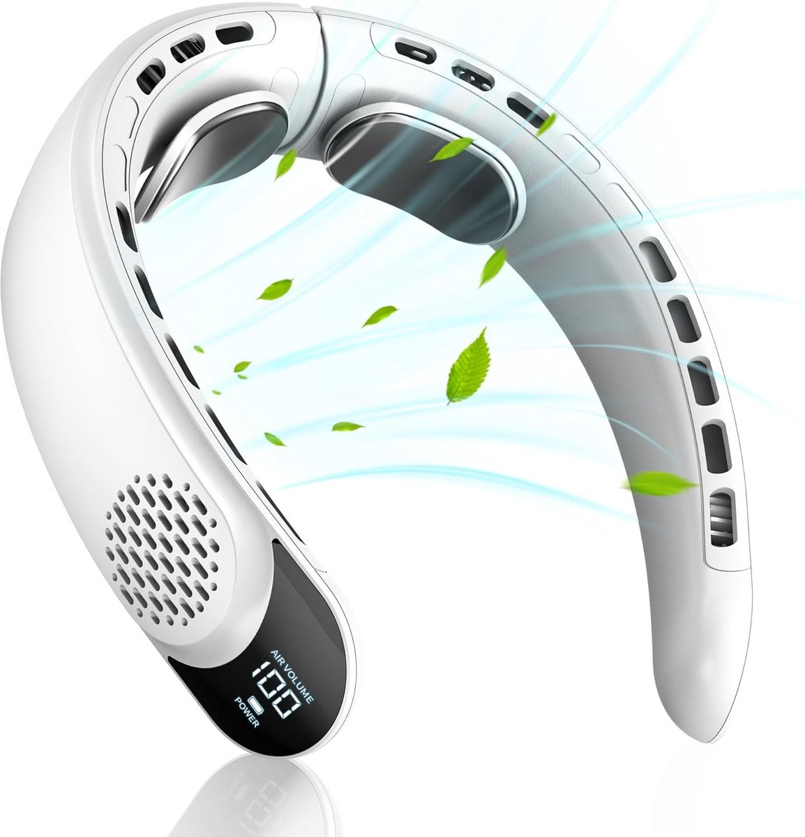 LISM-Draagbare nekventilator met 360° circulaire luchtstroom, handzaam ontwerp zonder bladen, 4000mAh batterij, drie snelheidsstanden, USB-opladen, geschikt voor thuis, op kantoor, op reis en tijdens het sporten (wit).