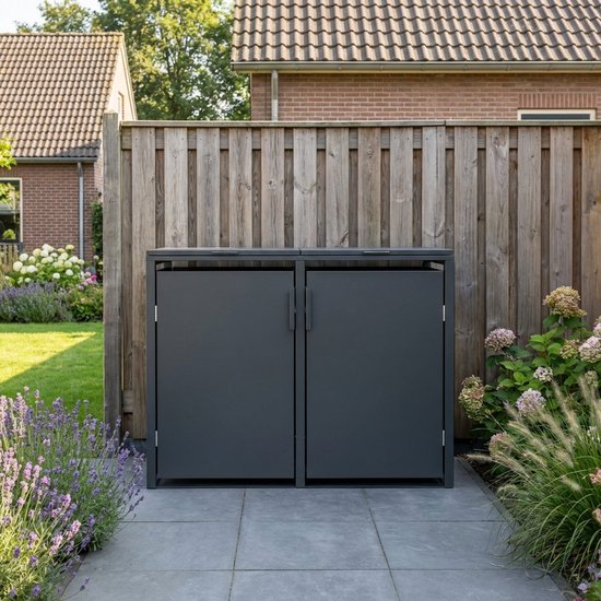 Antracietkleurige dubbele kliko ombouw in een tuin, met gesloten deuren.