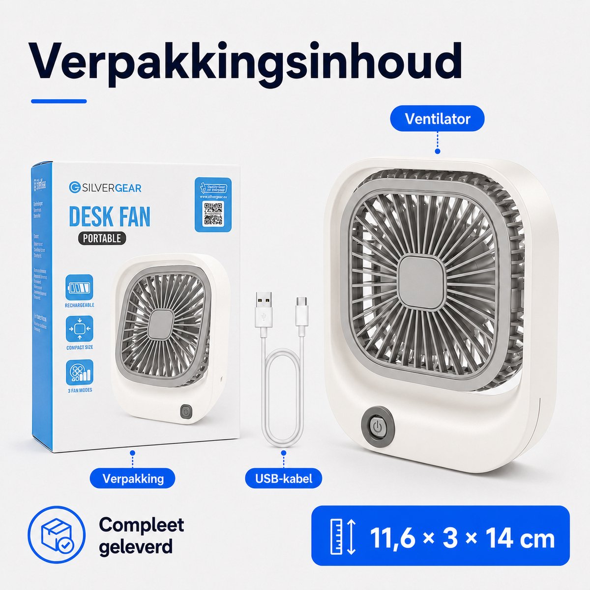 Draagbare Bureauventilator - Lichtgewicht USB-C Ventilator - Handventilator Oplaadbaar - Mini Tafel Ventilator - 3 Standen - Mini Desk Fan - Compacte Kleine Oplaadbare Ventilator - voor Auto, Kantoor & Onderweg - Handwaaier - Wit - Silvergear thumbnail 5