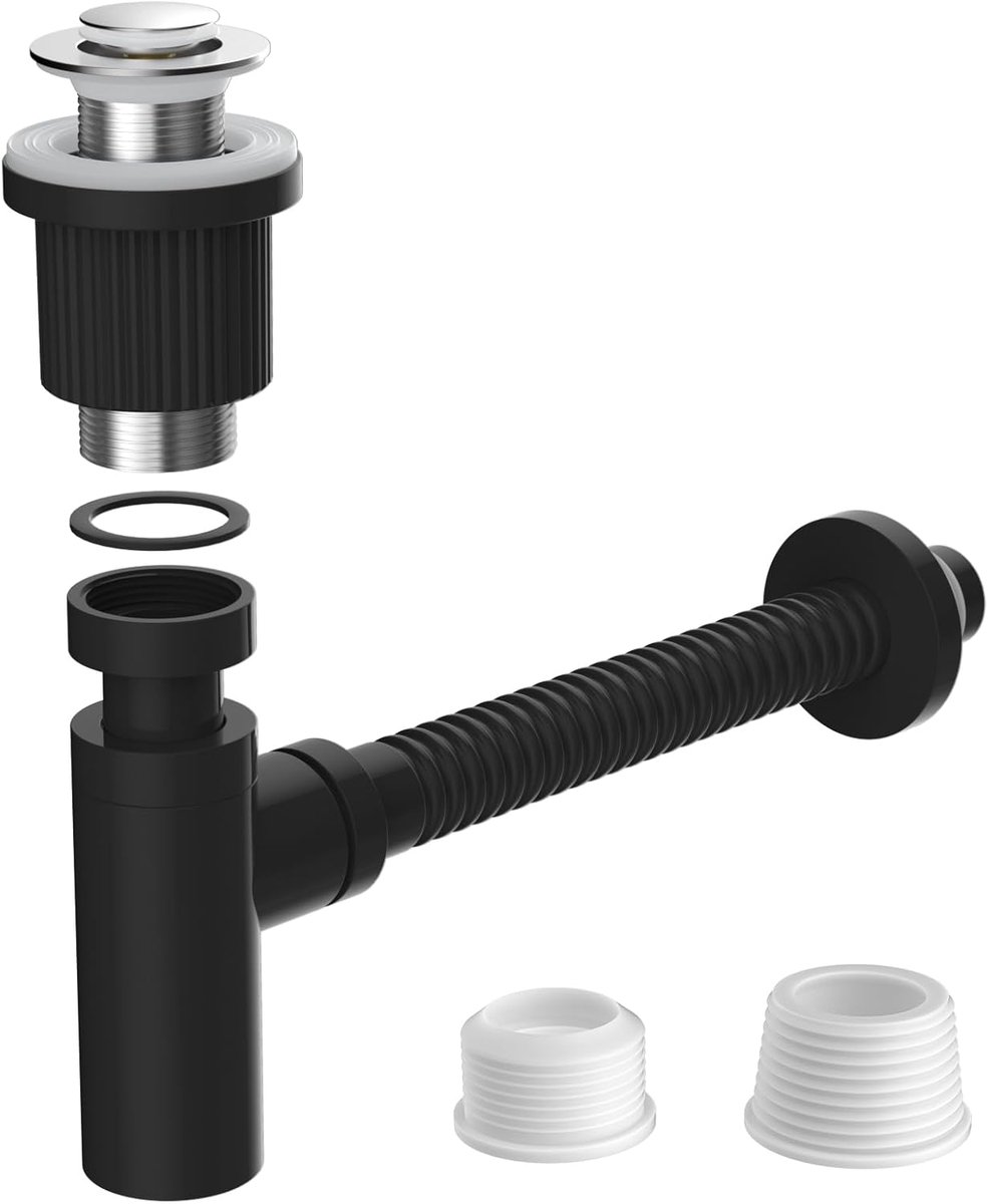 Hibbent Design sifon met pop-up ventiel: met verchroomd deksel, in hoogte verstelbare en buigzame roestvrijstalen buis (304) voor wastafel met overloop - G1 1/4" universele aansluiting - zwart