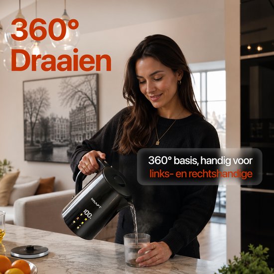 Zwarte KRAFT waterkoker met 360° draaibare basis, gegoten door een vrouw. "360° Draaien"