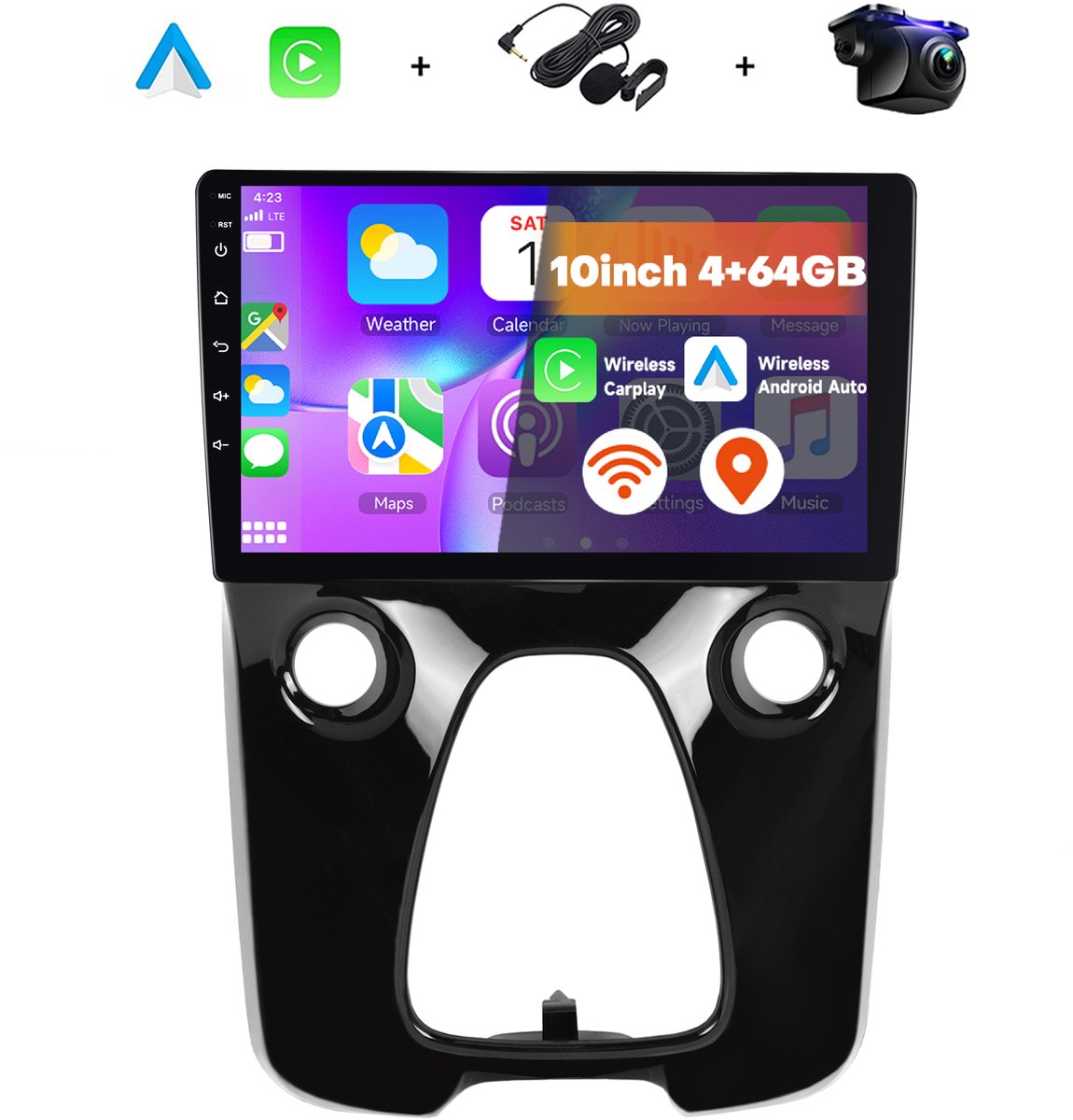 Boscer 2 Din Autoradio - Geschikt voor Toyota Aygo, Citroën C1 & Peugeot 108 (2014-2021) - Draadloos Apple CarPlay & Android Auto - 10.1 Inch HD Touchscreen - 4+64GB - GPS - WiFi, Bluetooth & USB - Achteruitrijcamera & Microfoon