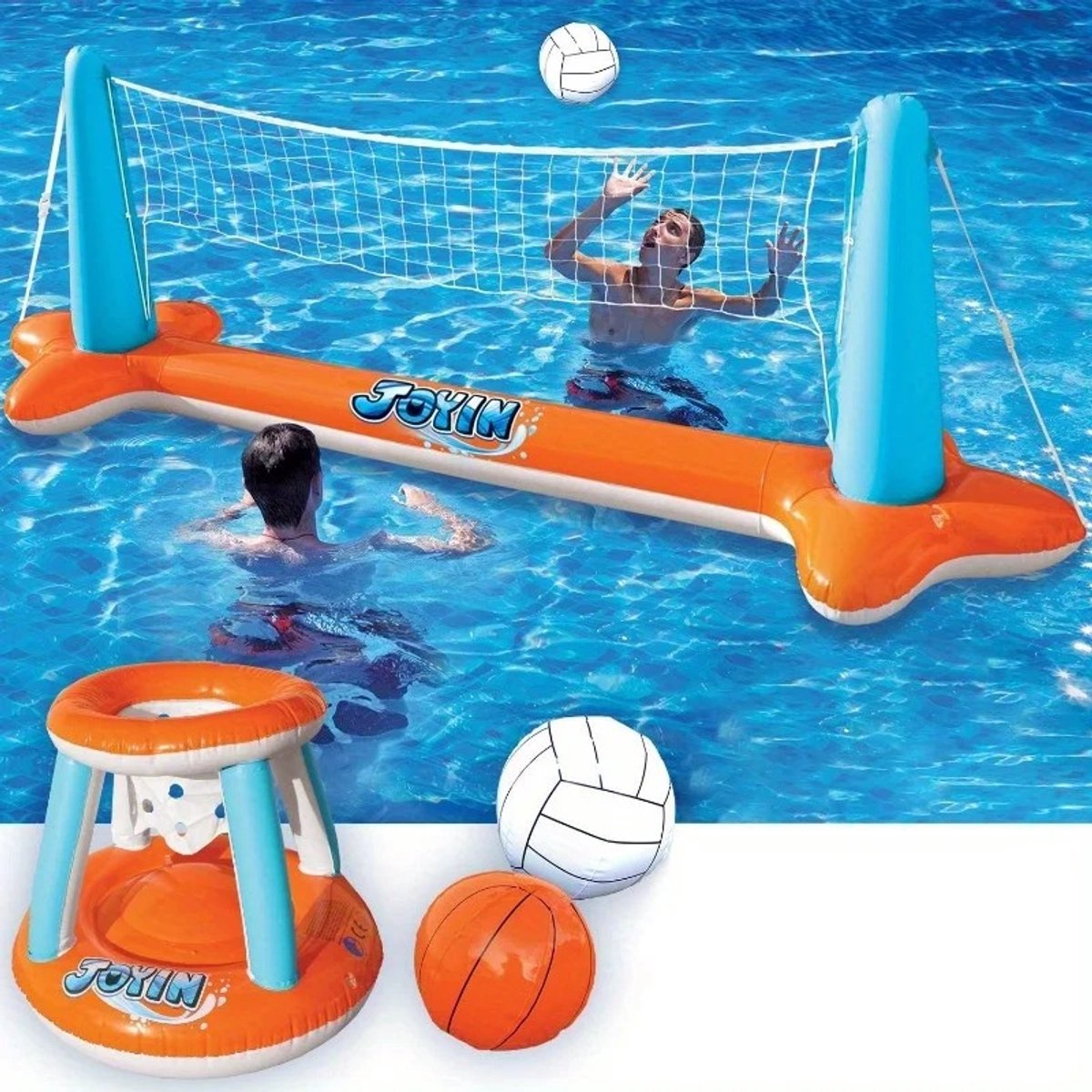 RosaBloom opblaasbaar zwembad speelset - Volleybalnet - Basketbalring - Drijvend zwembadspeelgoed - Duurzaam materiaal - 267x71x89 cm - Oranje/Blauw