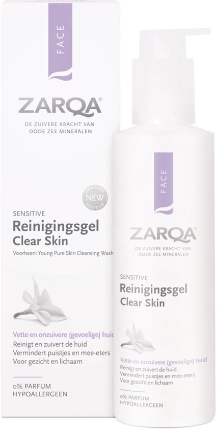 ZARQA Reinigingsgel Clear Skin fles met pompje. Verpakking ernaast. Tekst "0% Parfum, Hypoallergeen".
