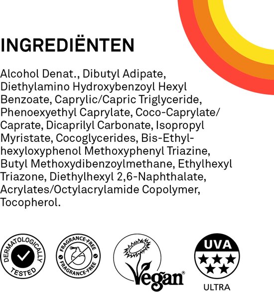 Ingrediëntenlijst met labels 'Dermatologisch getest', 'Parfumvrij', 'Vegan' en 'UVA Ultra'.