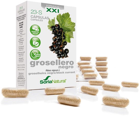 Doos met 30 'groen' capsules met een takje zwarte bessen en bladeren. Soria Natural groseellero negro.