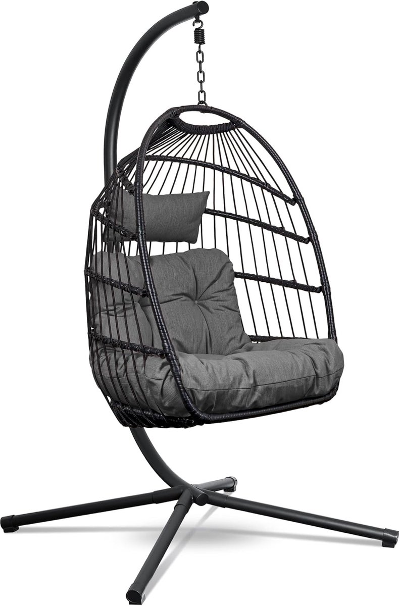 Hangstoel met Standaard - Egg Chair Cocoon - Ontspannen Buiten - Inclusief Kussens - Tot 150kg - Donkergrijs