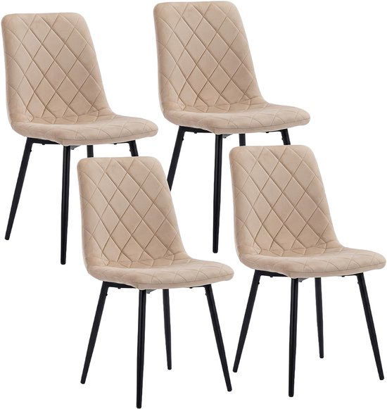 Set van vier beige eetkamerstoelen met ruitpatroon en zwarte poten, op een witte achtergrond.
