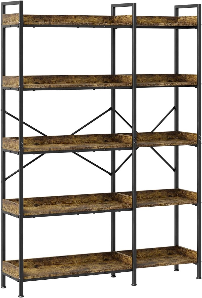 L-vormig in industriële stijl met vijf niveaus-boekenkast met open displayplanken- 4 haken- losse opbergplanken en een stevig metalen frame