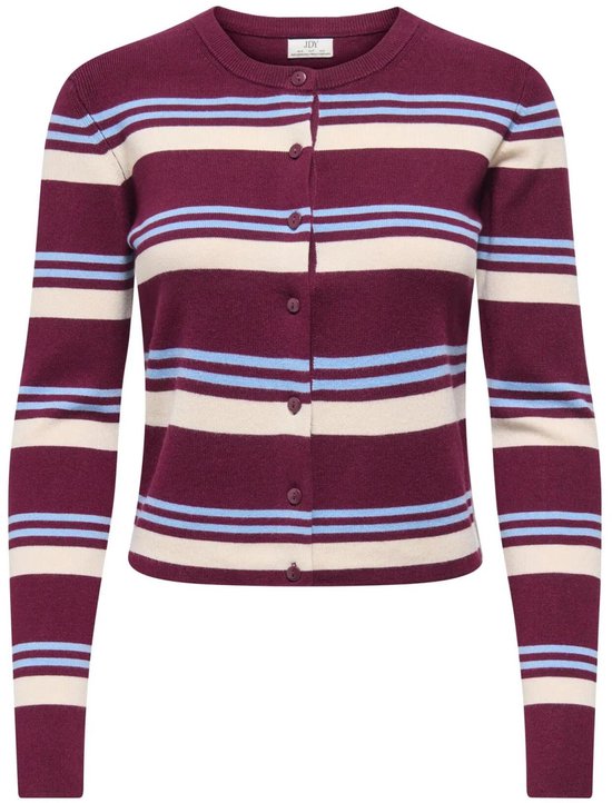 Cardigan bordeaux à boutons avec rayures horizontales crème, bleues et bleu marine.