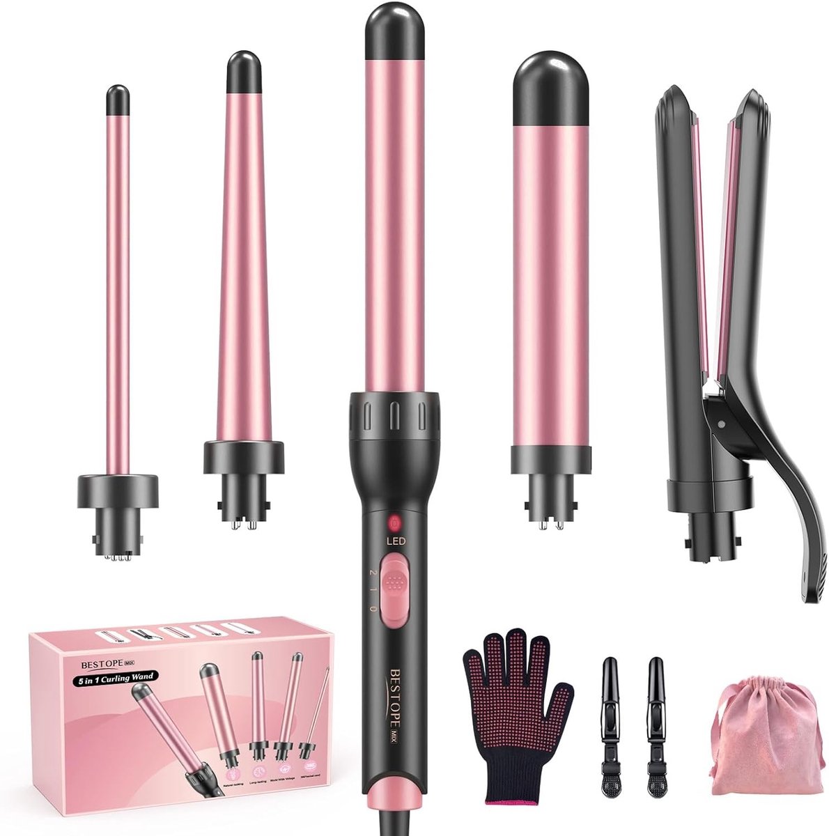 Krultangset - Keramisch - 5-in-1 met verwisselbare opzetstukken - Snelle opwarming - Voor alle haartypes