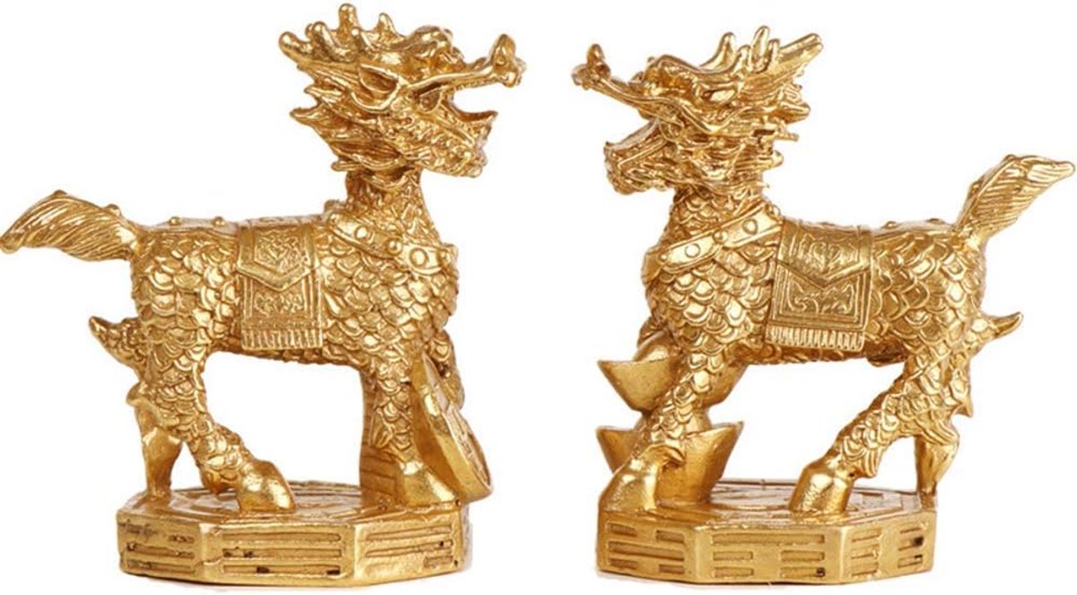 Messing Chi Lin Beeldje - Paar Beeldjes - Feng Shui Decoratie - Handgesneden Messing - 50 Gram - Goudkleurig