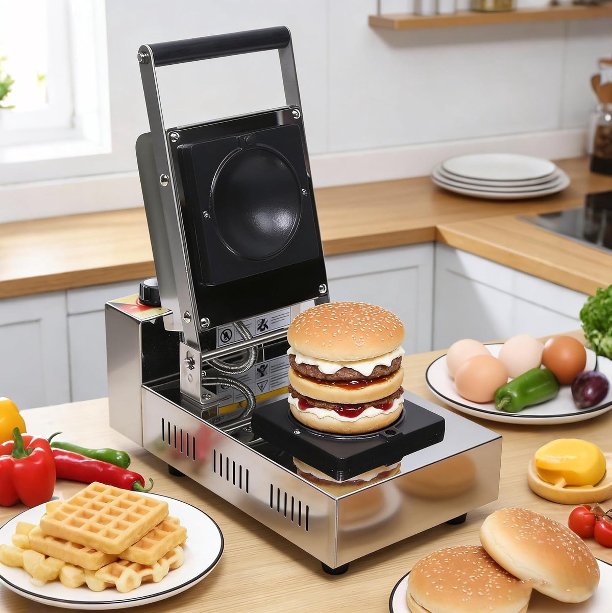 Burger Pers - Sandwich Maker - Snelle Maaltijden - Dubbelzijdige Verwarmingsplaten - 10 cm Diameter - Zilver