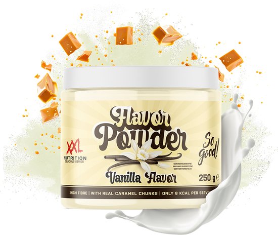 XXL Nutrition Flavor Powder Vanille met karamelstukjes en melkspatten.