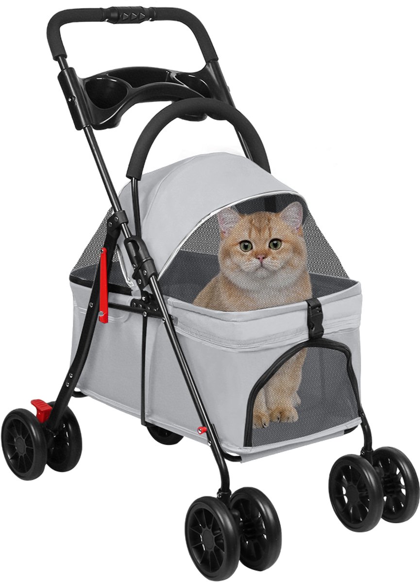 PIPIPOXER Huisdier wandelwagen-reiswagen huisdier-Hondenwagen voor kleine honden en katten tot 15kg-s - boodschappenmand en gaasraam-Vouwen en scheiden met één klik-Oxfordstof-grijs