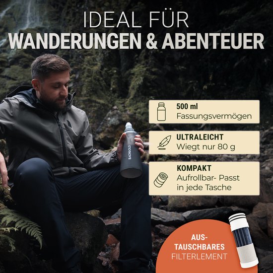 Man met grijze Bachgold waterfles, ideaal voor wandelen & avontuur. 500 ml, ultralicht, compact en met uitwisselbaar filter.
