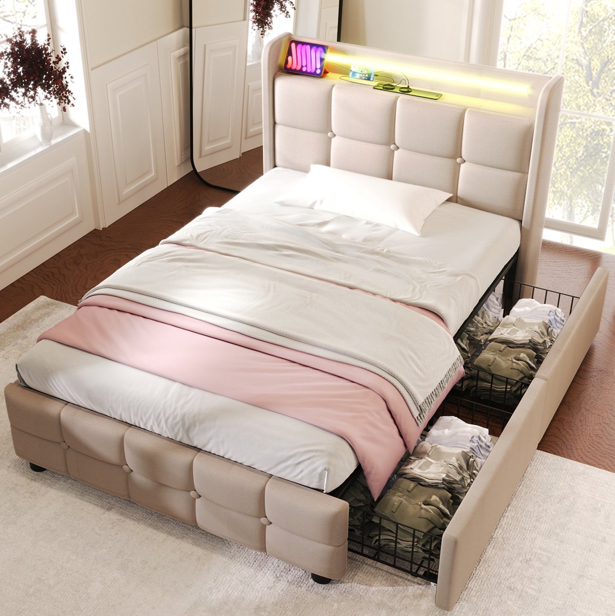 MEUNIQ eenpersoons bedframe 90x200 cm met USB, stopcontacten, LED-hoofdbord en 2 lades, gestoffeerd normaal bed met houten lattenbodem, beige