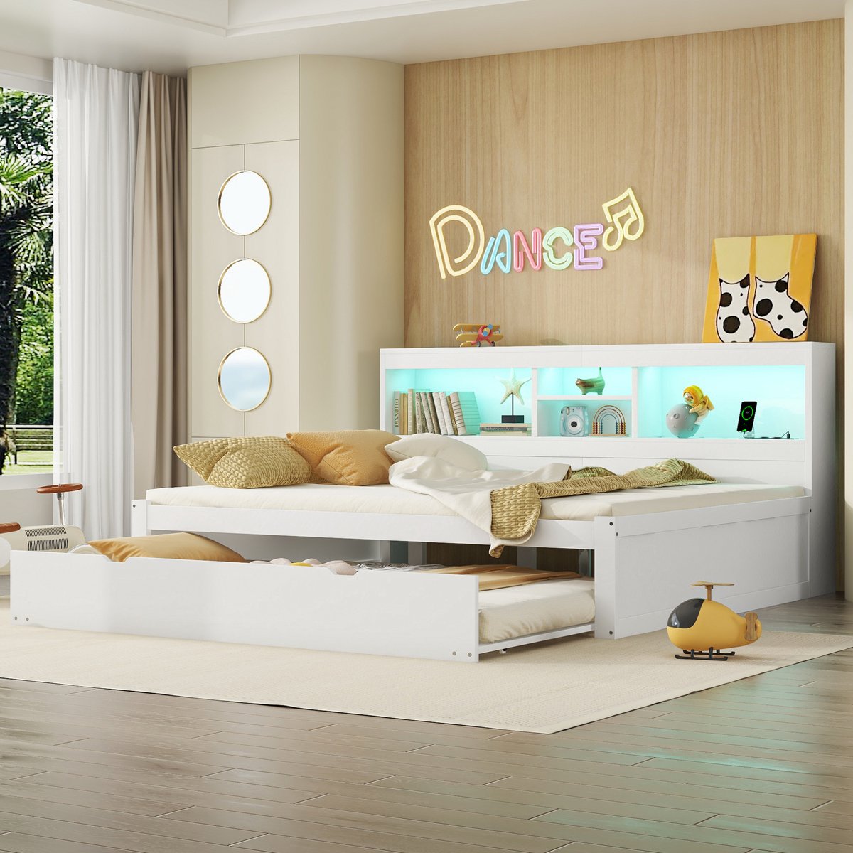 MEUNIQ slaapbank 140x200 cm met uitschuifbaar onderschuifbed, LED-verlichting, opbergruimte, stopcontact en USB, wit daybed voor slaapkamer