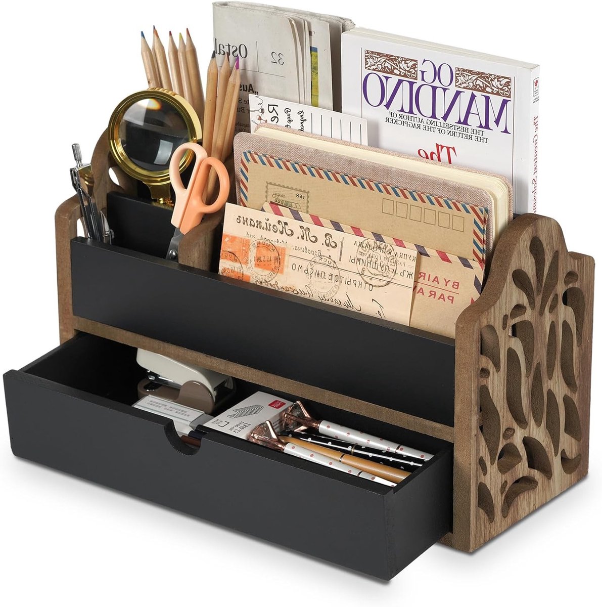 Houten Bureau Organizer met Lade, Briefbak, Pennenhouder en Documenthouder - Bruin, Natuurlijke Stijl, Ruimtebesparend, Organisatie