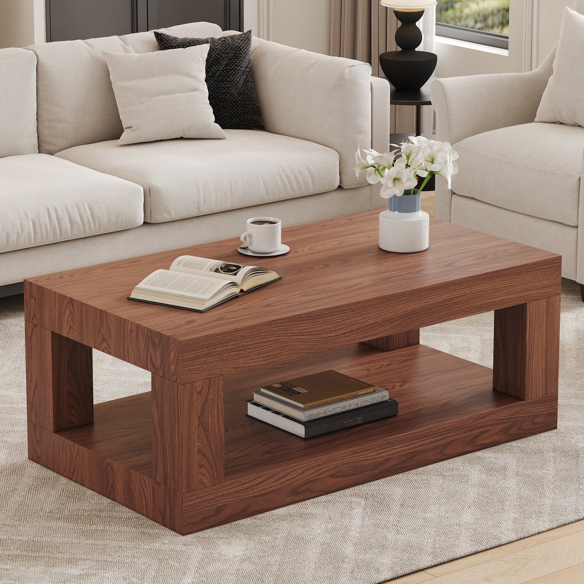 HAUSS SPOLE Salontafel - Rechthoekige Tafel Met Dubbele Opberglaag - Voor Woonkamer En Interieur - MDF - 93x53x46 Cm - Walnoot