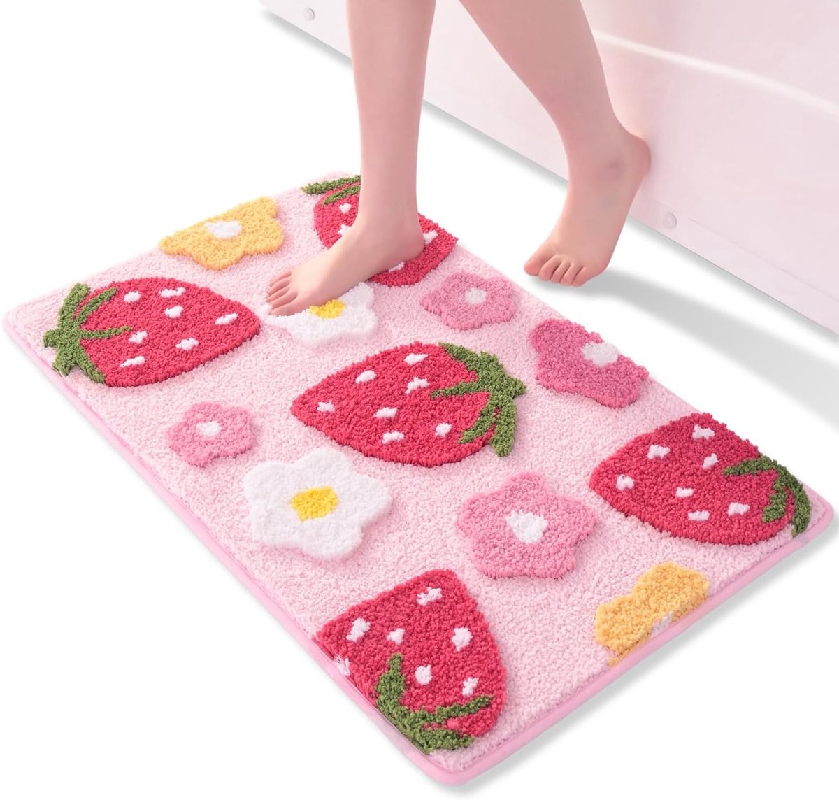 Roze Badmat - Aardbei Badmat - Antislip - Wasbaar - Kleurrijke zachte microvezel - Douchemat - Absorberende Badmat - 45 x 65 cm