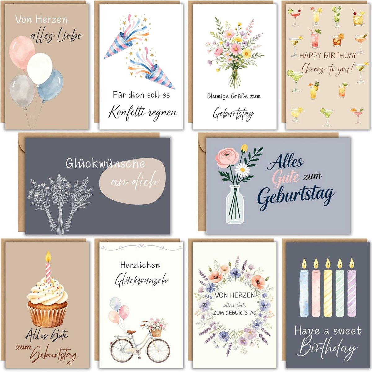 SnelShoppen - Set van 10 Verjaardagskaarten met Enveloppen DIN A6, Hoogwaardige Wenskaarten voor Vrienden, Familie en Collega's, Binnenkant Blanco, St
