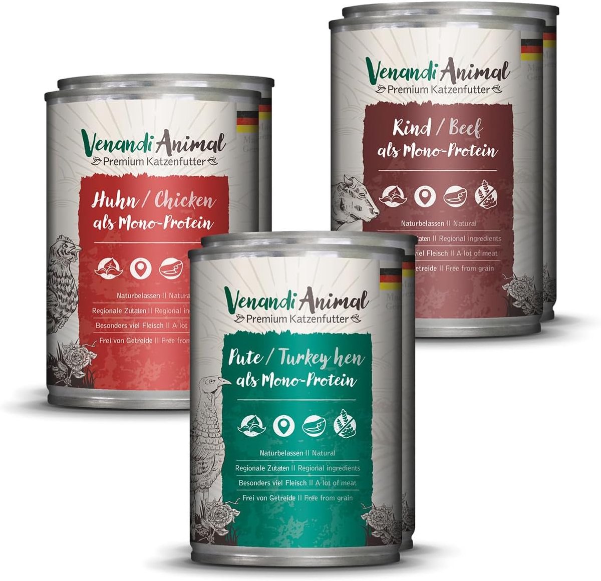 SnelShoppen - Premium Kattenvoer Natvoer Proefpakket, Kip, Kalkoen, Rundvlees, Graanvrij en Natuurlijke Ingrediënten, 6 x 400 g