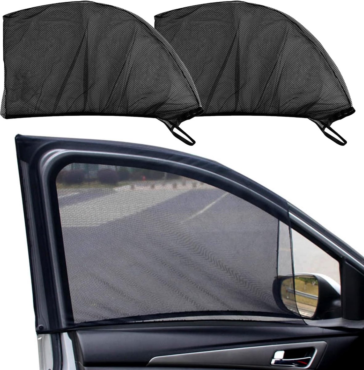 SnelShoppen - Pack van 2 Auto Muggennetten - Zonnebescherming voor Zijruiten - UV Bescherming - Ademend en Elastisch - Zwart voor Kinderen en Huisdier