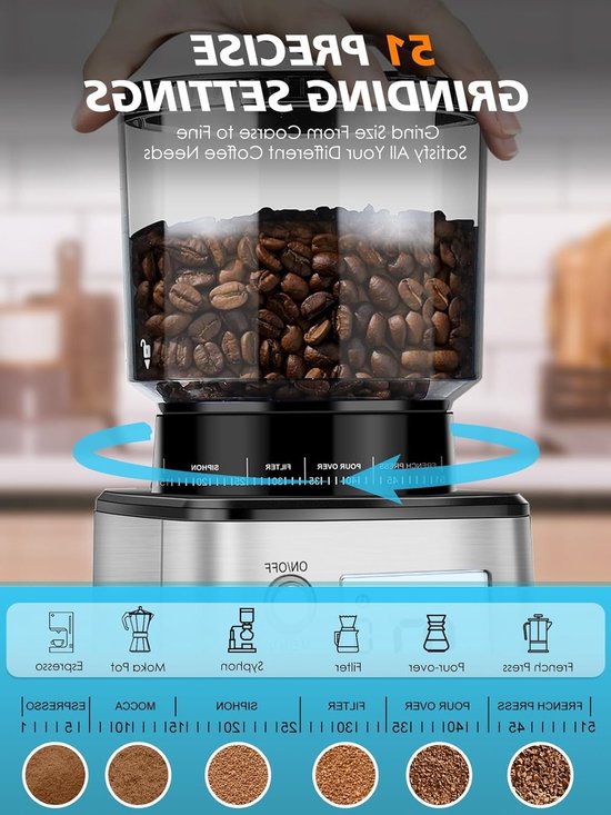 Elektrische Koffiemolen met Kegelvormige Maalschijf – 51 Maalinstellingen, Afneembare Houder en Reservoir – Perfect voor Espresso, Filterkoffie en Cold Brew (Zilver) — afbeelding 2