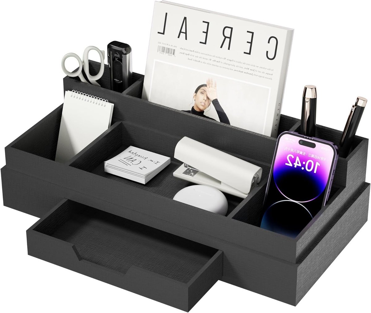 Multifunctionele Bureau Organizer met 6 Compartimenten, Stevige Pennenhouder met Lade, Ideaal voor Kantoorbenodigdheden en Bureauaccessoires, Zwart