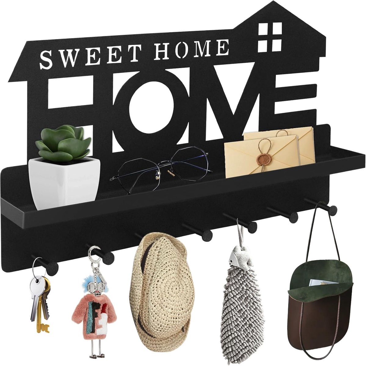 SnelShoppen - Moderne Sleutelhanger met Plank - Geen Boren - Zwart Sleutelbord met 7 Haakjes - Decoratief Sleutelframe voor Sleutels, Brieven, Telefoo