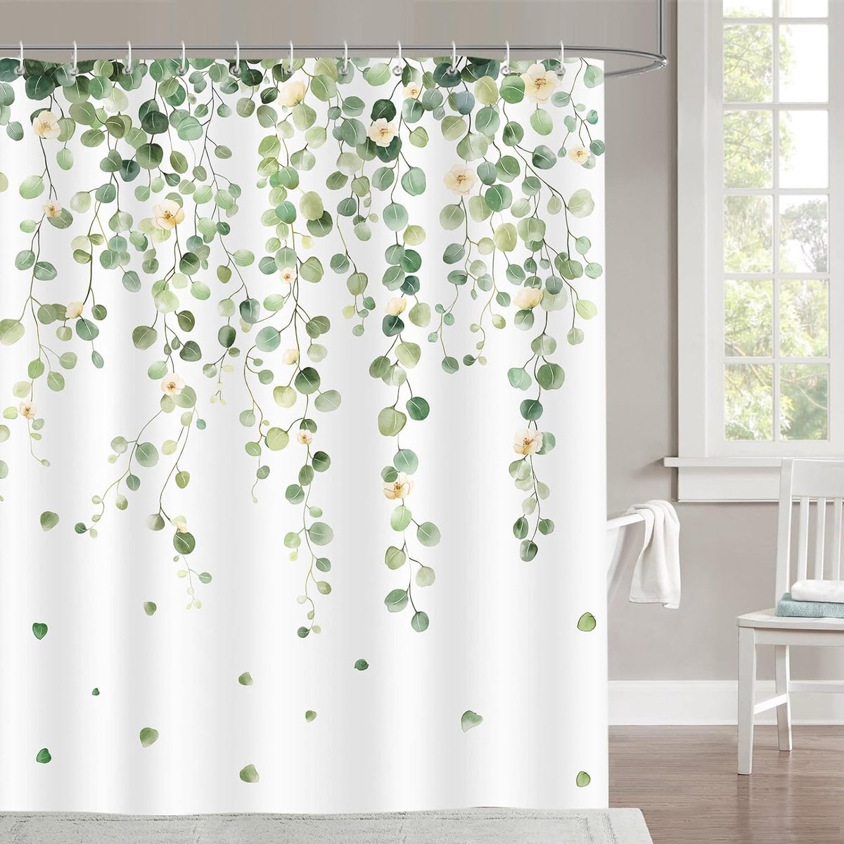 SnelShoppen - Douchegordijn Groen Blad Eucalyptus Beige 180x180cm, Waterdicht en Schimmelbestendig Polyester, Inclusief 12 Haakjes, Perfect voor Badka