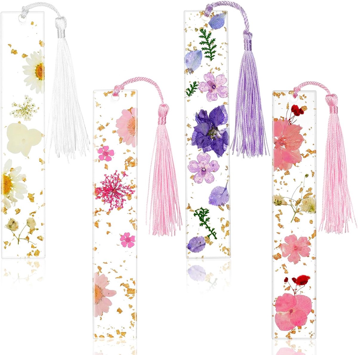 SnelShoppen - 4 Stuks Offcup Flower Resin Boekmerken - Transparante Gedroogde Bloemen Lezen Pagina Markers met Tassel - Roze Kersenbloesem, Paarse Ker
