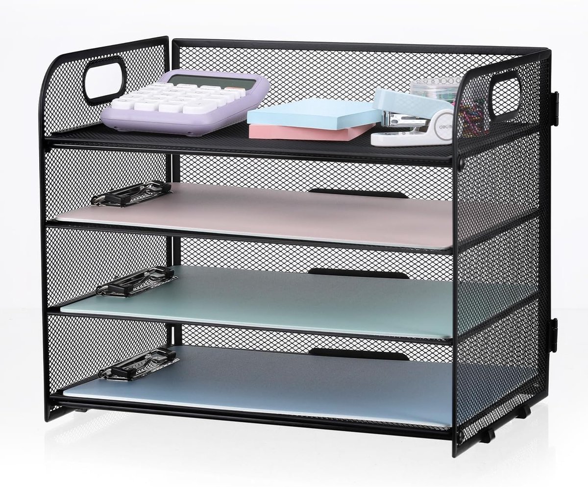 SnelShoppen - 4-Layer Metaal Mesh Documenten Organizer 32x28x24 cm - Uittrekbare Papierhouder met Handvat voor Thuis, Kantoor, School - Roestvrij en D