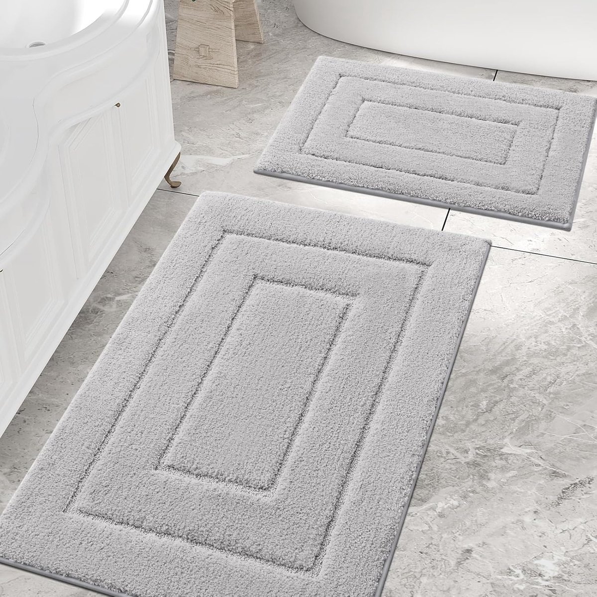 SnelShoppen - Badmat Set 2 Stuks - Microfiber Antislip Badkamer Tapijt - Zacht Waterabsorberend 40x60cm + 60x90cm - Grijs - Moderne Geometrische Ontwe