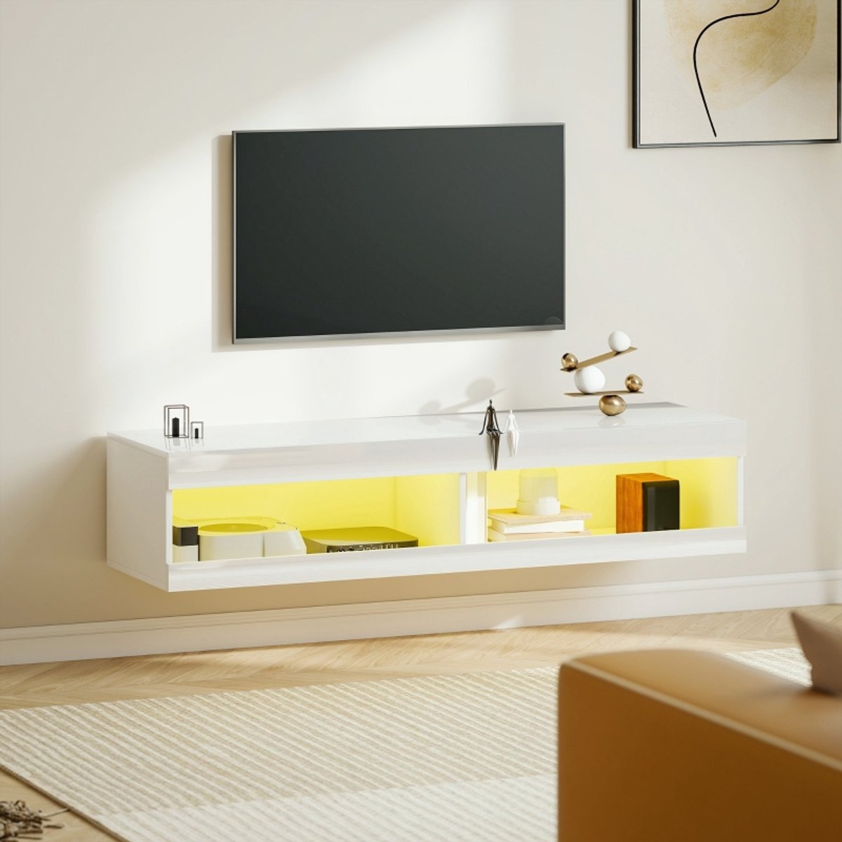 Pugsdrly TV-kast, hangend tv-lowboard met RGB-ledverlichting in 16 kleuren, tv-meubel met open opbergruimte, geschikt voor tv's van 55-60 inch, voor de woonkamer of slaapkamer, 140 x 40 x 30 cm, hoogglans wit