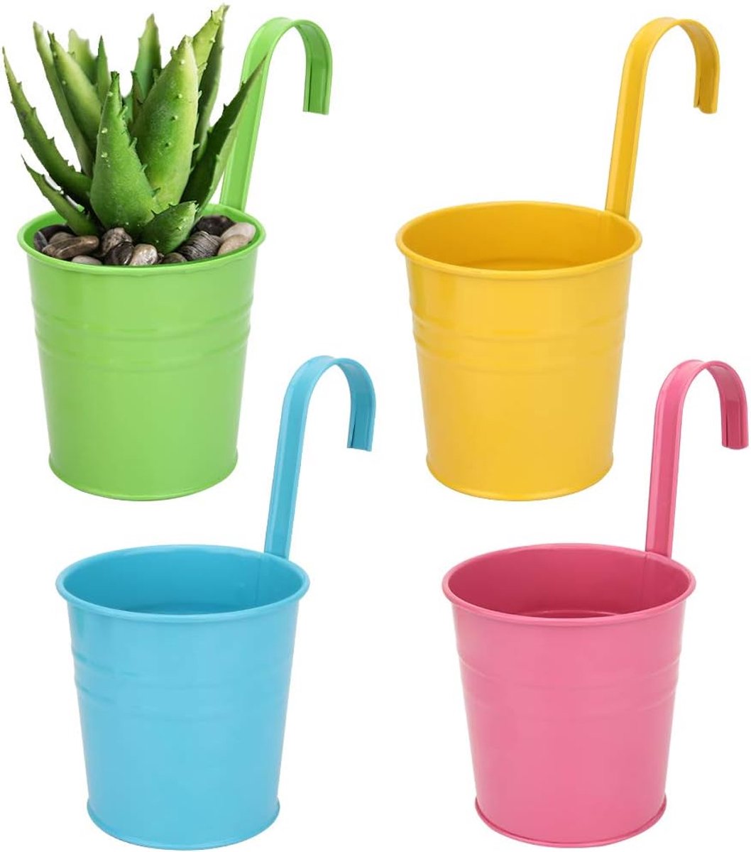 SnelShoppen - Kleurige Hangende Bloempotten Set van 4 - Metaal, Poedercoating, Ideaal voor Tuin, Keuken en Binnen - Perfect voor Planten, Bloemen en K