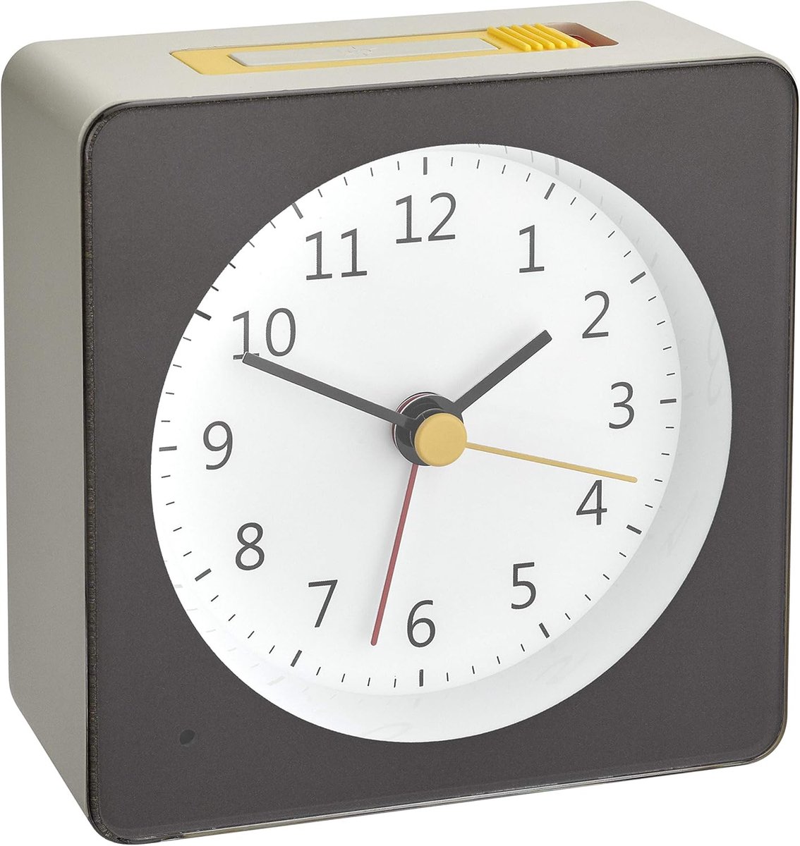 SnelShoppen - Analog Alarm Klok met Snooze Functie, Automatische Nachtverlichting, Quartz, Grijs/Geel, Compact Reiswekker (L) 81 x (W) 42 x (H) 83 mm