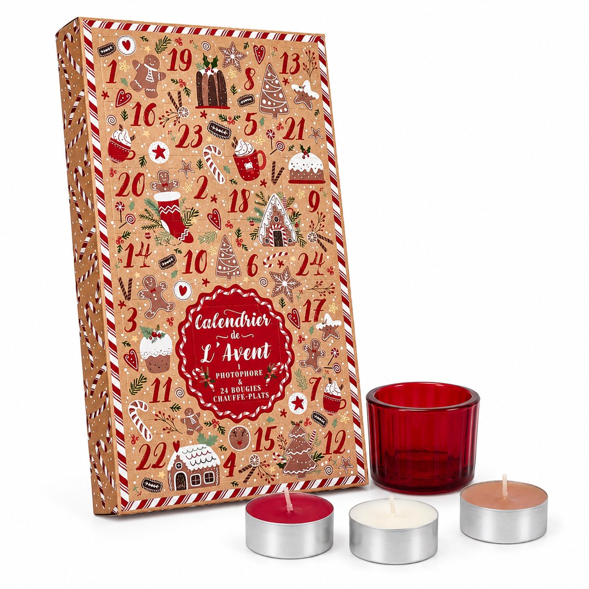 Adventskalender met 24 Geurkaarsjes – Inclusief Glazen Kaarsenhouder – Cadeaubox met 24 Kaarsen – Kaarsen Adventskalender voor Volwassenen – Kerstcadeau – Geurkaarsen Cadeauset – Rood