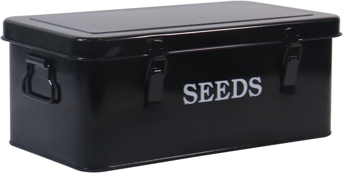 SnelShoppen - Seed Box Tuinplanten Zadenopslag met Veiligheidslock 33x18x13cm, Metalen Zaden Organizer met 4 Compartimenten, Zwart, Perfect voor Tuin