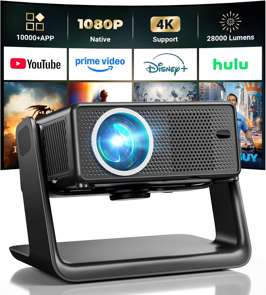 SnelShoppen - 4K Wi-Fi Bluetooth Projector met Netflix/YouTube/Prime Video, 360° Rotatie, 180° Verstelbaar, Ideaal voor Feest, Camping, Thuisbioscoop