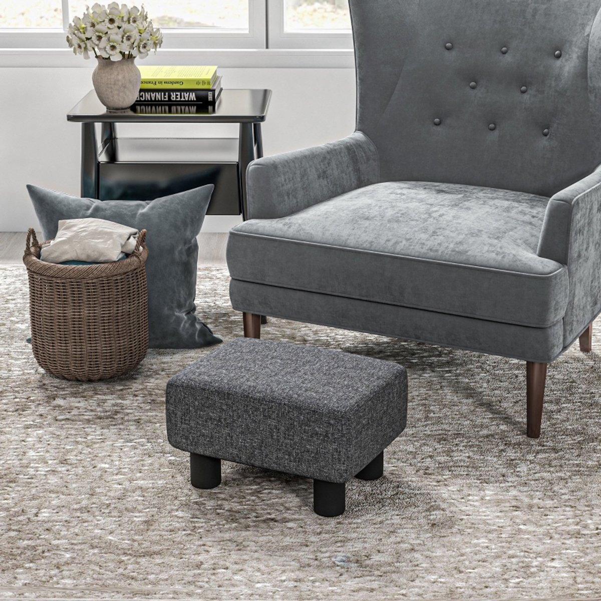 Voetenbankje Compact 40 x 30 x 24 cm - Zachte Stoffen Bekleding - Donkergrijs - Rechthoekig - Voor Woonkamer En Slaapkamer - 110 kg